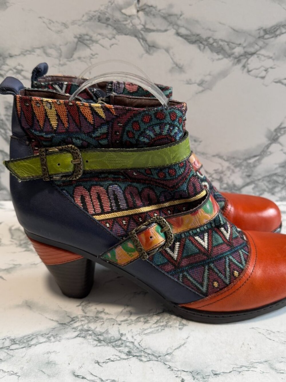 Socofy Women 40 US 9 Bohemian Retro Boot Pattern Leather Toe Multicolor Shoe